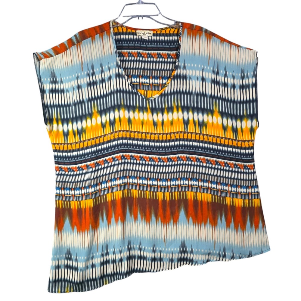 Love and Let Live Woman 2X Blue Yellow Ikat Geometric V-Neck Cap Sleeve Top - Picture 2 of 8